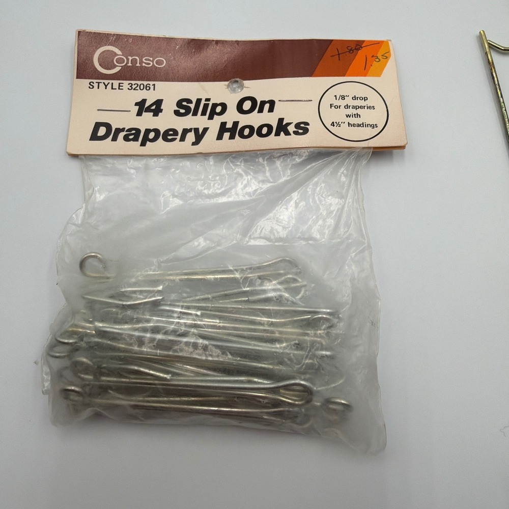 Conso Slip On Drapery Hooks 14ct Silver Metal Vintage Style 32061 1/8 Drop 4.5"